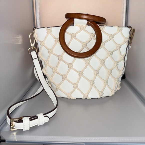 Street Level Handbags - Street Level Knotted Cage Faux Leather Bucket Women's Bag White/Brown